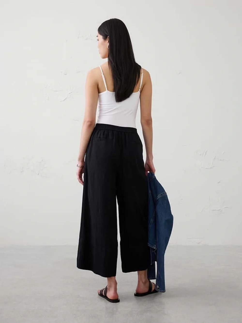 Banana Republic ANYDAY WIDE-LEG HIGH-RISE LINEN-BLEND CROPPED PANT XL Black